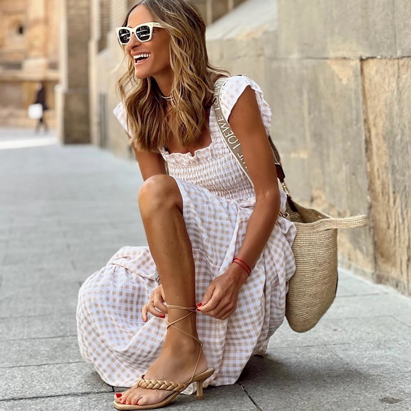 Gingham Print Plaid Smocked Spaghetti Straps Flouncy Long Dress in Khaki - Picture 4 of 9